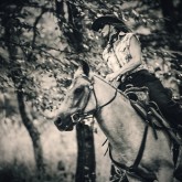 Cowgirl riding in the forest