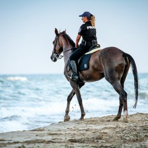 Policewoman riding horse on the beach