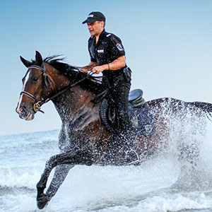 Policeman riding fast horse in the water
