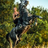 Girl riding rearing up horse – Cropped image