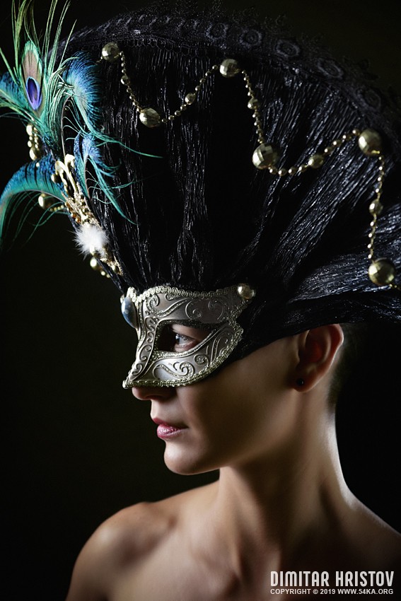 Girl with masquerade mask princess peacock feathers party mask photography venetian eye mask featured fashion  Photo