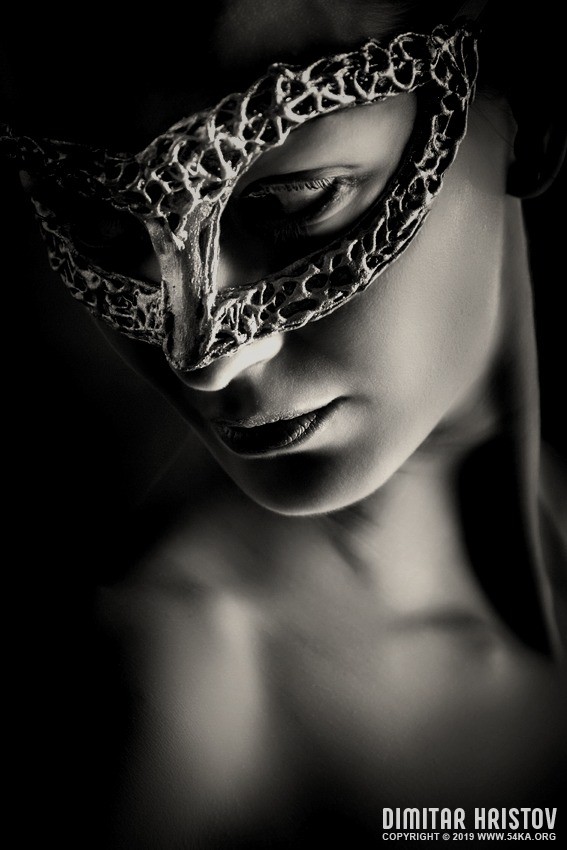 Mysterious woman with fantasy mask photography venetian eye mask portraits featured fashion black and white  Photo
