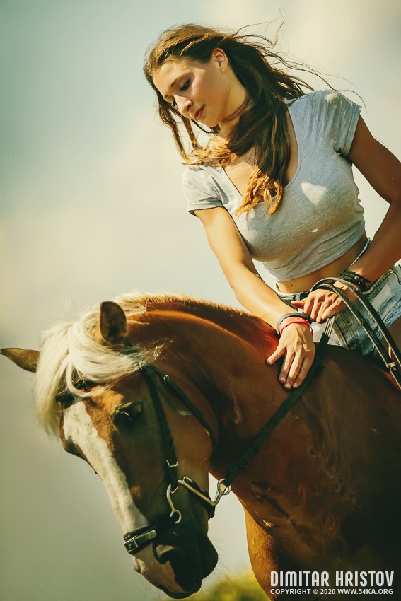 A beautiful girl is sitting on a horse and stroking it photography portraits horse photography featured animals  Photo