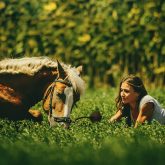 Girl rides a horse in meadow at sunset