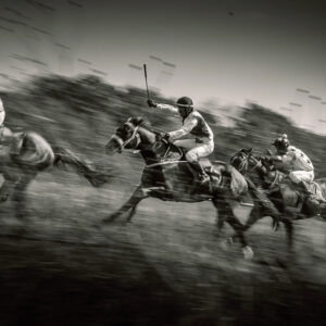 Race Horses On The Home Straight – B&W